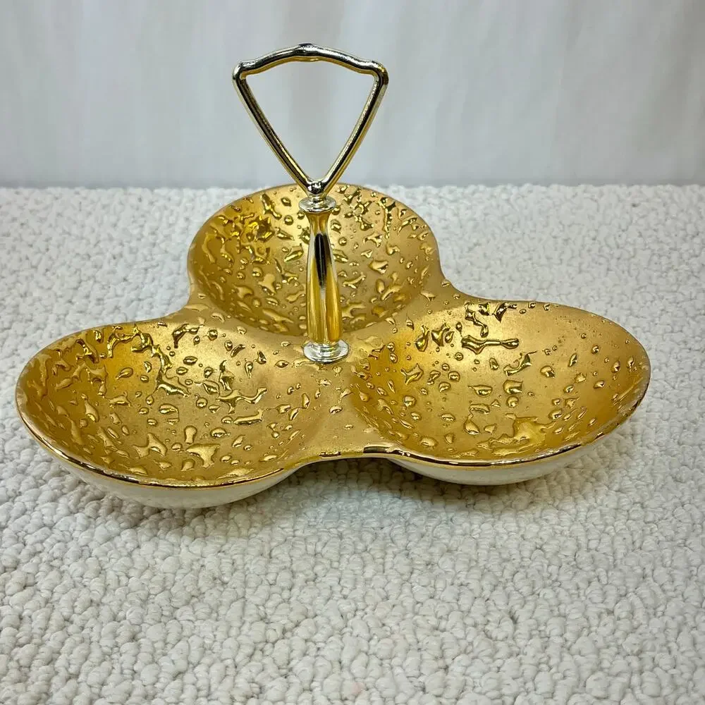 Weeping Bright Gold 3 Compartment Candy Nut Dish W/ Handle 22K USA VTG